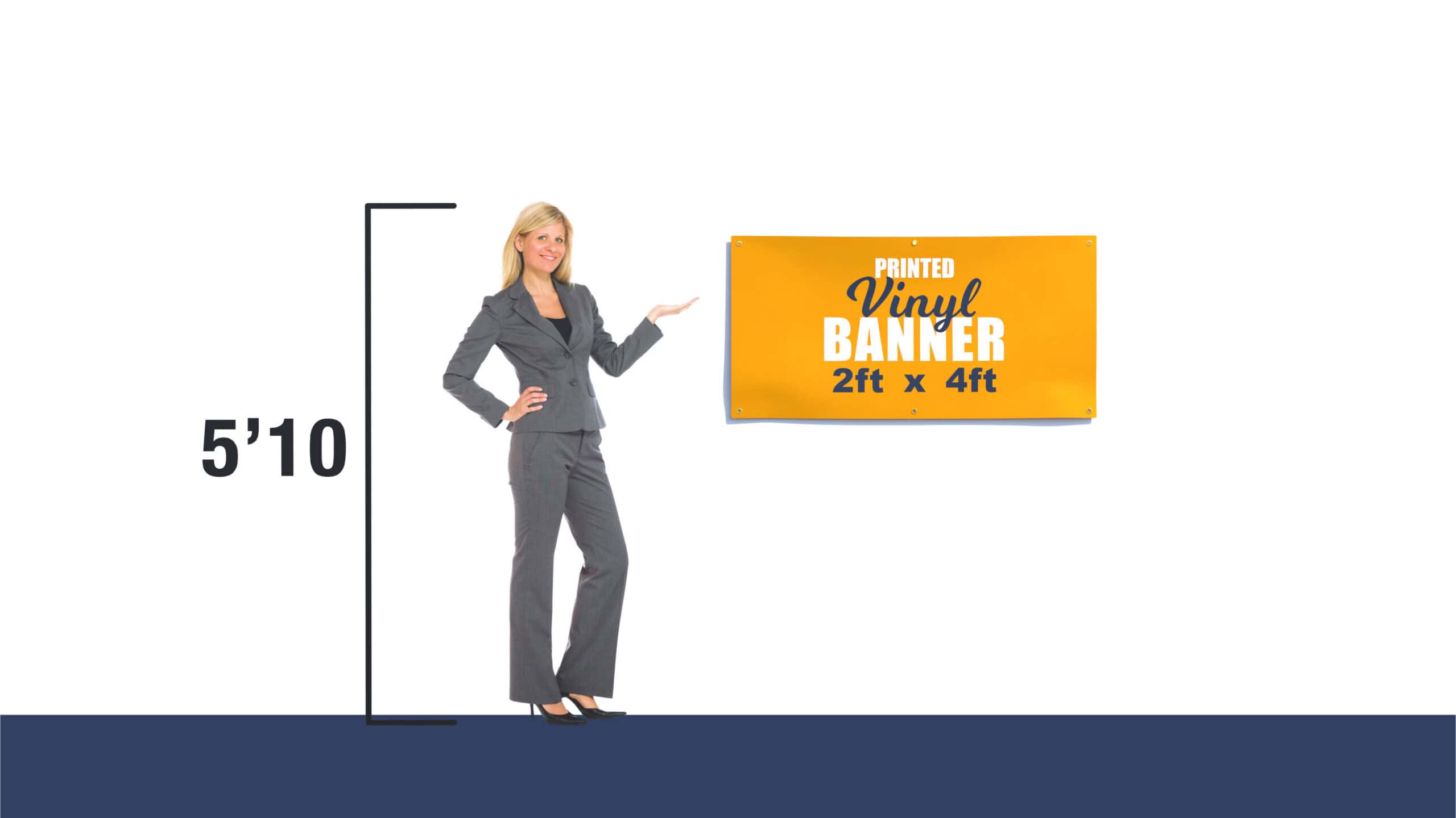 2 foot by 4 foot banner mockup that reads: 2' X 4' VINYL BANNER (2ft x 4ft), and shows the dimensions for a custom printed 2x4 vinyl banner.